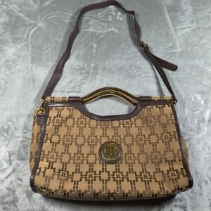 Vintage Tahari NY Monogram Frame Satchel Bag Brown Canvas Leather Shoulder Purse